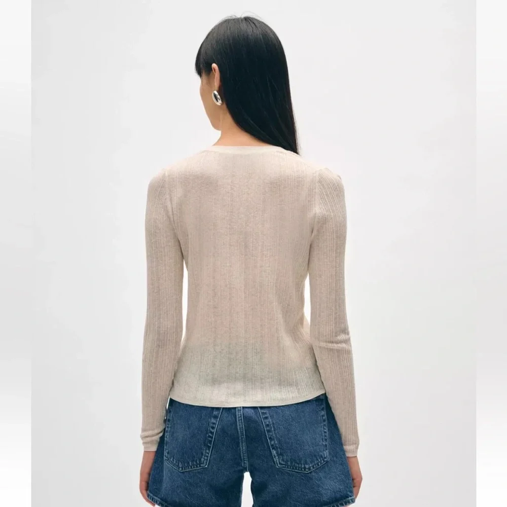 NWT White + Warren Linen Gauze Verigated Ribbed Cardi Top in Oatmeal Heather - Picture 2 of 13